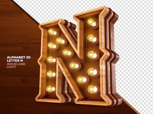 Letra n 3d render madera con luces realistas