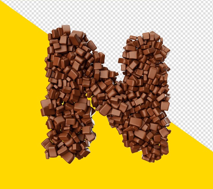 PSD letra n hecha de trozos de chocolate trozos de chocolate alfabeto letra n ilustración 3d