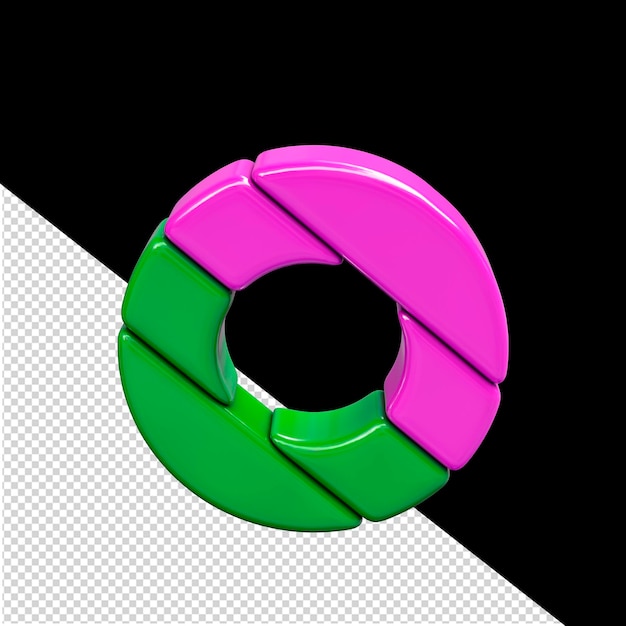 Letra o del símbolo 3d de plástico rosa y verde