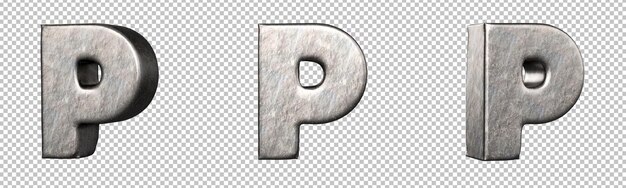 Letra P de una colección de letras de hierro rayado. Aislado. Representación 3D