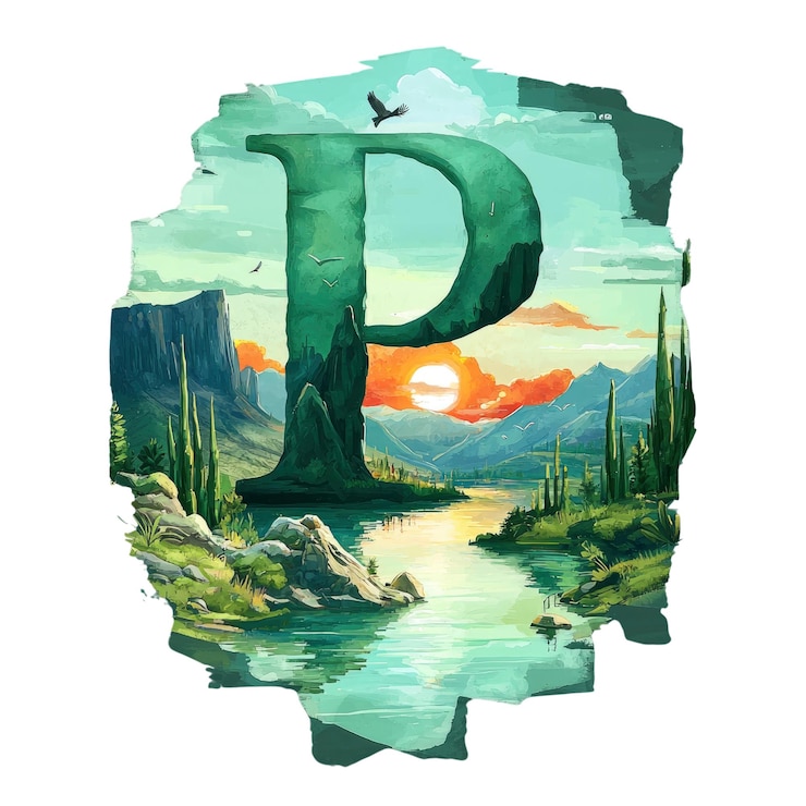PSD letra p paisaje natural con montañas fluviales y puesta de sol