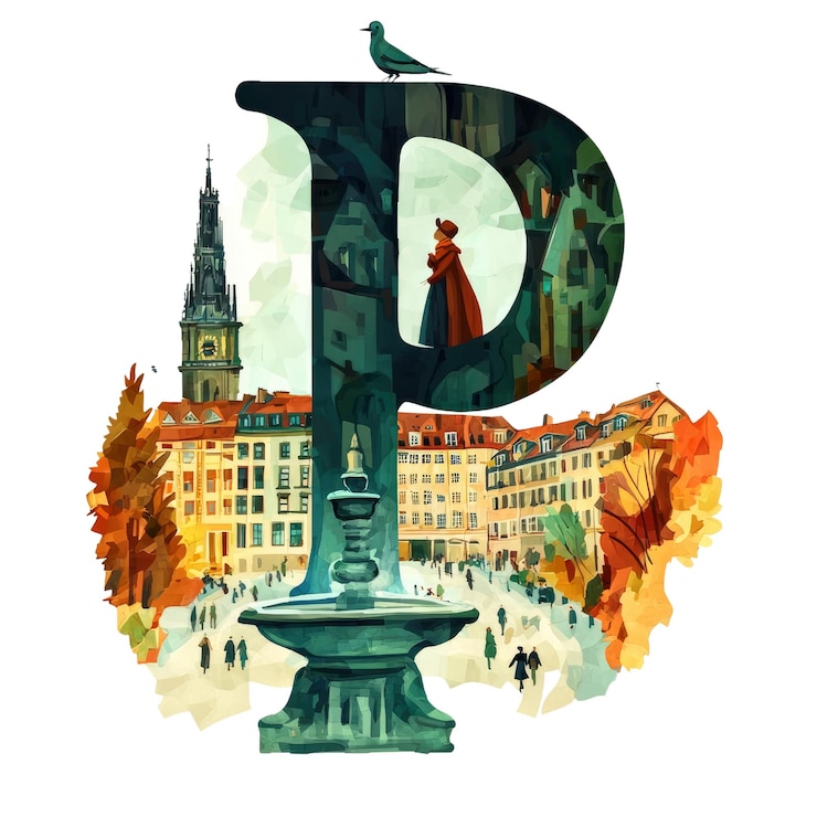 PSD letra p con paisaje urbano europeo y pájaro