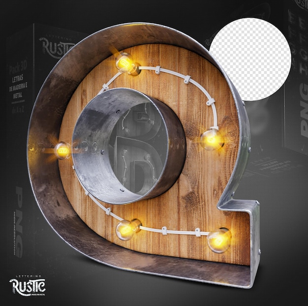 Letra Q 3d em metal e madeira com luzes acesas