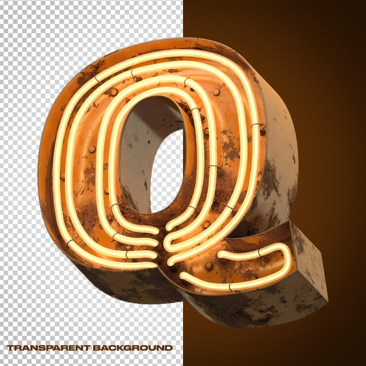 PSD letra q del alfabeto 3d de hierro con neón amarillo claro naranja