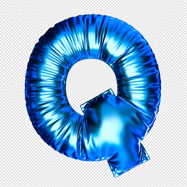 Una letra q azul y brillante con pajarita.