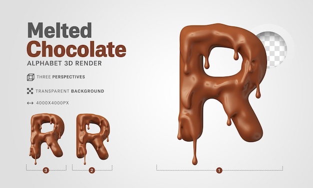 Letra R en render 3d de chocolate derretido para composiciones de Pascua