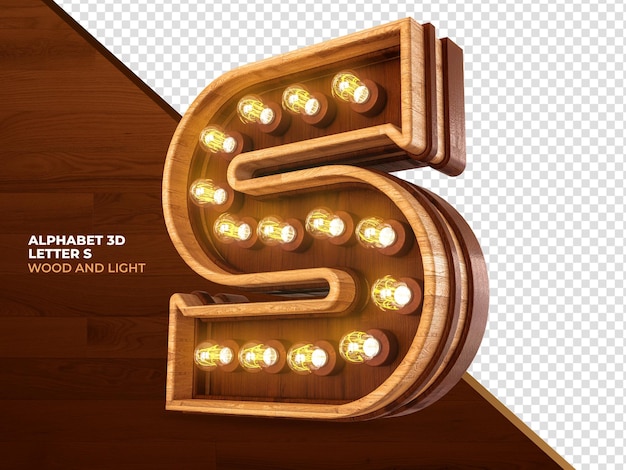 Letra s 3d render madera con luces realistas