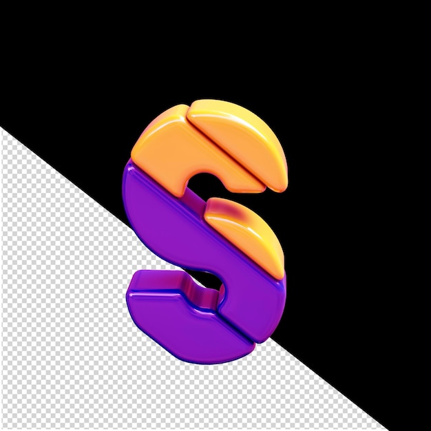 Letra s del símbolo 3d de plástico naranja y morado