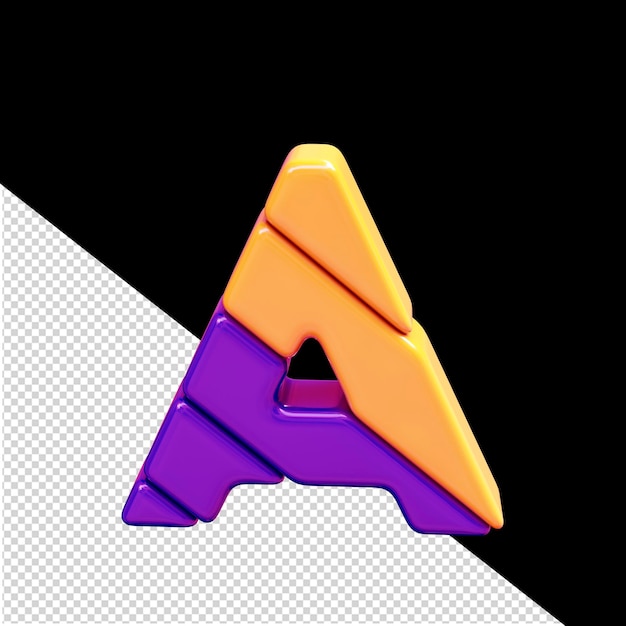 Letra a del símbolo 3d de plástico naranja y morado