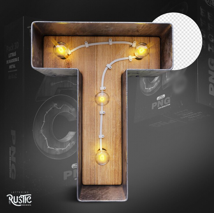 PSD letra t 3d en metal y madera con luces encendidas