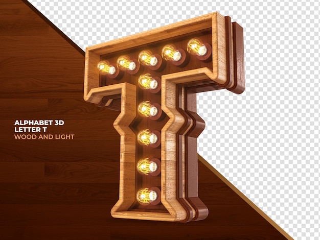 Letra T 3d render madera con luces realistas