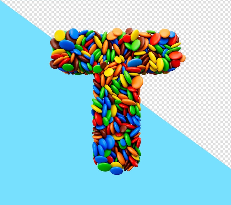 PSD letra t de caramelos multicolores del arco iris ilustración 3d aislada festiva
