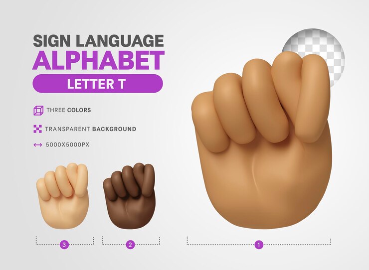 PSD letra t en lenguaje americano signo alfabeto 3d render dibujos animados