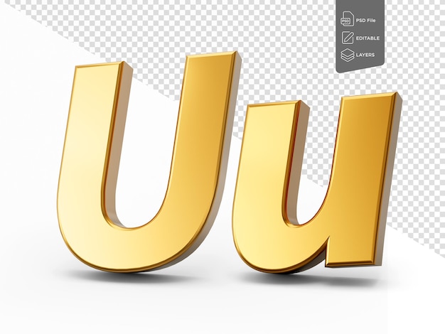 Letra U 3d en metal dorado en un fondo blanco aislado mayúscula y letra pequeña Ilustración 3d