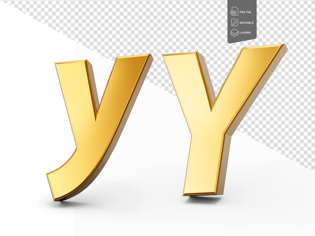 Letra Y 3d em metal dourado em um fundo isolado branco Capital e letra pequena Ilustração 3d