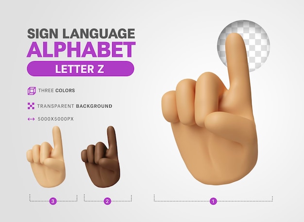 Letra Z no alfabeto de sinal de língua americana 3d render cartoon