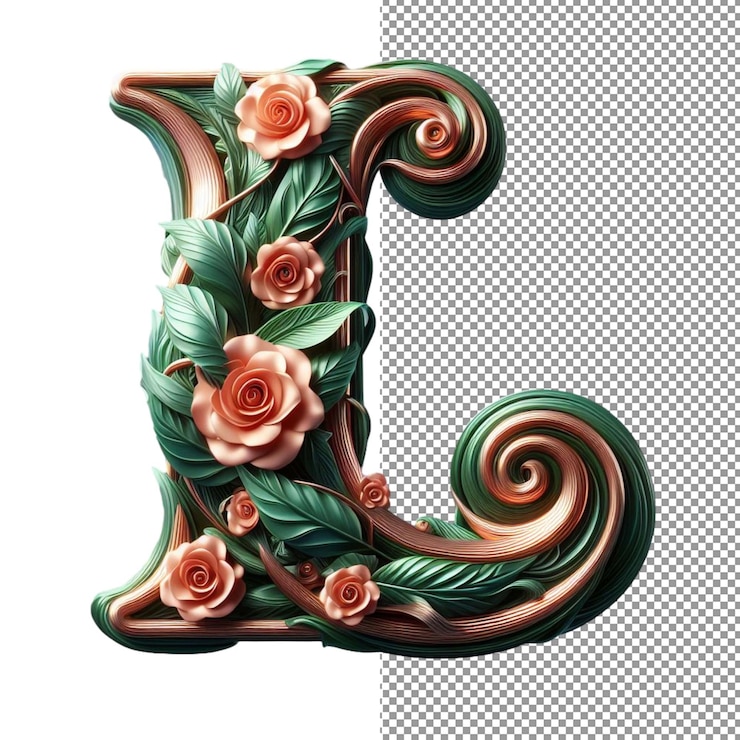 PSD letras 3d de fusión floral hechas con flores y hojas en un lienzo transparente