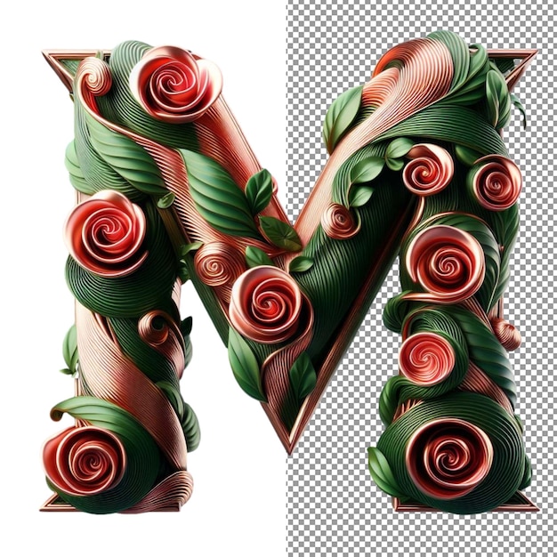 PSD letras 3d de fusión floral hechas con flores y hojas en un lienzo transparente