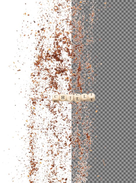Letras del alfabeto Chilli perla juguete volando sobre explosión volando en el aire Chilli palabra letra del alfabeto muestran pimienta de chile roja caliente para picante comida exótica polvo molido fondo blanco aislado