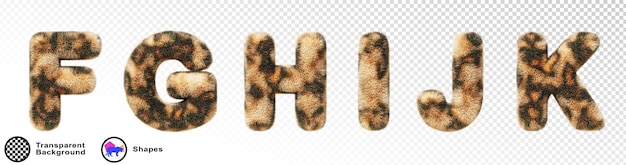 Letras del alfabeto esponjoso 3d leopardo F G H I J K con textura de pelaje de animal y patrón manchado Letras inglesas peludas peludas con impresión de piel de guepardo conjunto de renderizado aislado