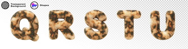 PSD letras del alfabeto esponjoso 3d leopardo q r s t u con textura de pelaje de animal y patrón manchado letras inglesas peludas y peludas con impresión de piel de guepardo conjunto de renderizado aislado