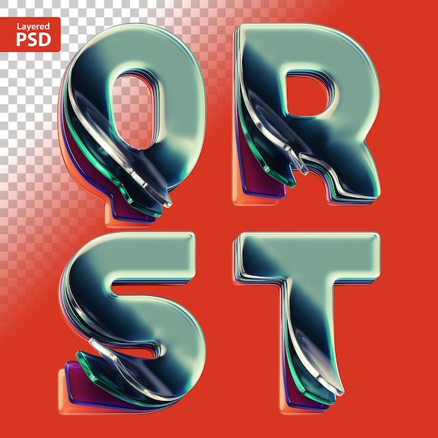 Letras del alfabeto metálico brillante en 3D Q R S T