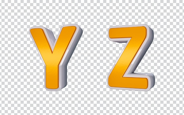 Letras del alfabeto renderizadas en 3d, yz, primera pose, oro y blanco