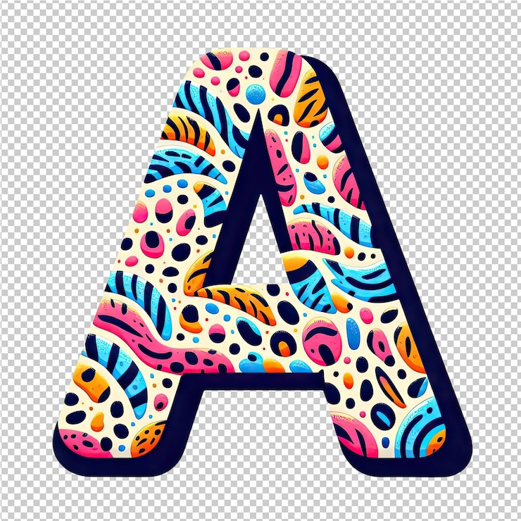 PSD letras coloridas com formas coloridas e pontos em um fundo quadradinho