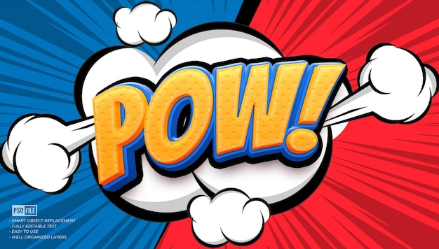 Letras de bolha de fala de texto em quadrinhos PSD Pow com efeito de estilo de texto 3d de desenho animado