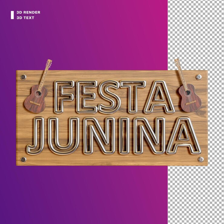 Letras de festa junina cromadas criativas em fundo de madeira