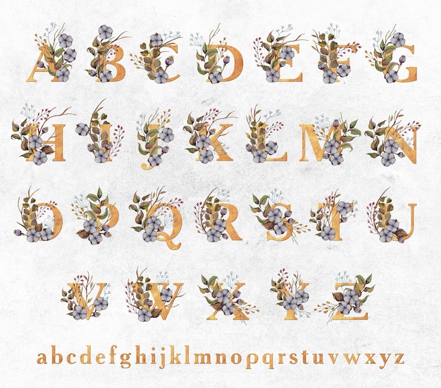 PSD letras douradas com folhas em aquarela e flores de algodão