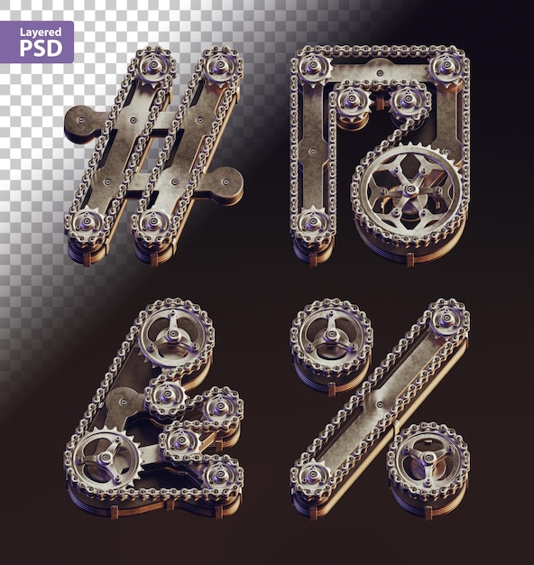 PSD letras estilo steampunk 3d feitas de engrenagens e corrente de bicicleta