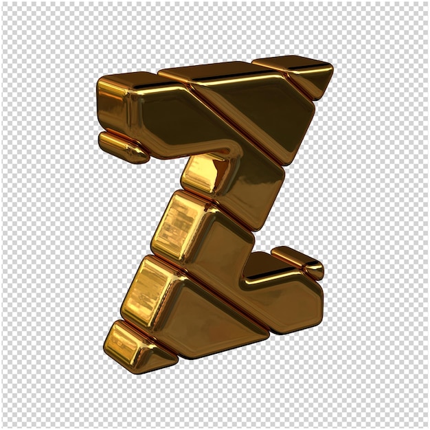 Letras de lingotes de oro giradas a la derecha sobre un fondo transparente. 3d letra mayúscula Z
