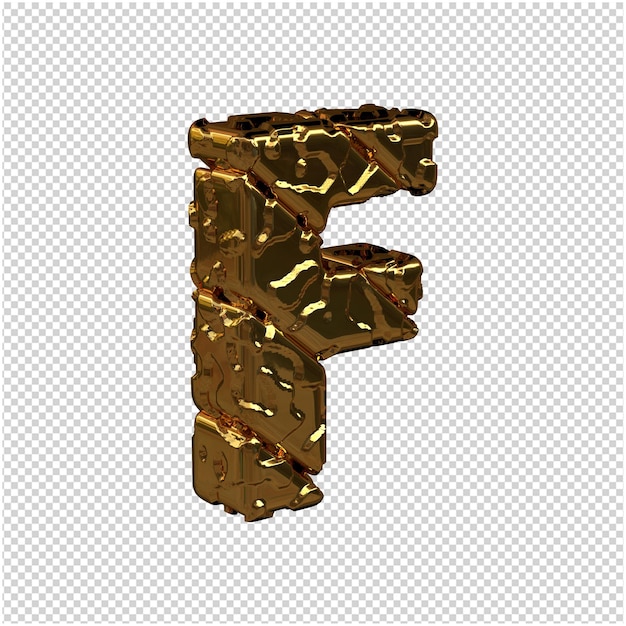 Letras não polidas feitas de ouro viradas para a direita. 3d letra maiúscula f