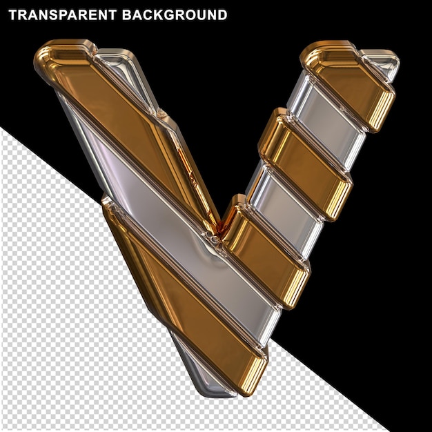 Letras prateadas com tiras douradas diagonalmente3d maiúscula v