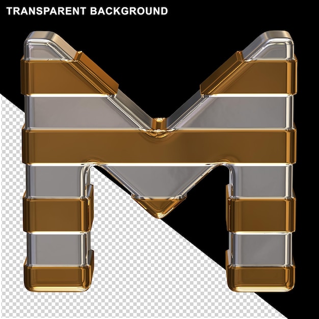 Letras prateadas com tiras horizontais douradas3d maiúscula m