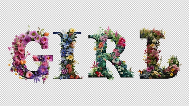 PSD las letras tipográficas de chicas se componen de flores y plantas.