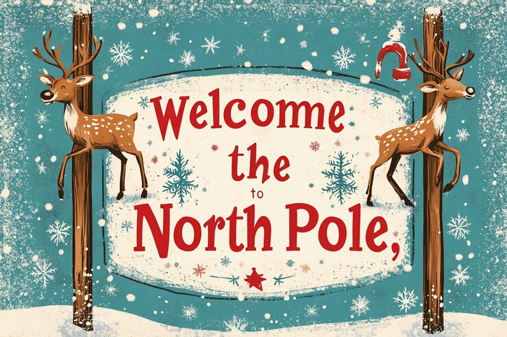 PSD letrero de bienvenida a la navidad vintage al polo norte con renos copos de nieve y postes de madera rústicos saludos festivos