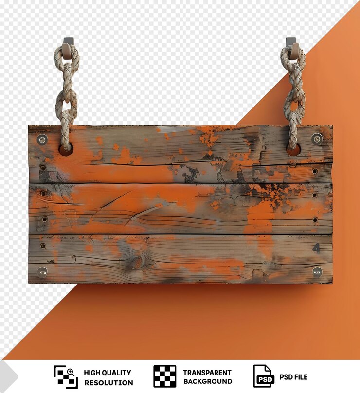 PSD un letrero de madera con cuerdas colgando de una cadena contra una pared naranja