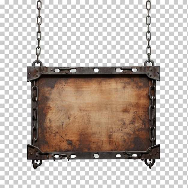 PSD letrero de madera medieval colgado de cadenas aisladas sobre fondo transparente png psd