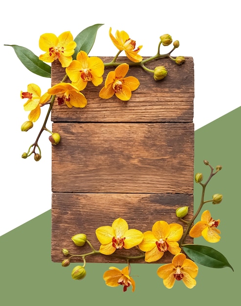 Un letrero de madera rodeado de orquídeas amarillas con un fondo transparente.