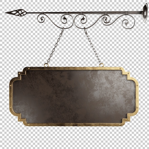 Letrero de metal medieval colgado de cadenas