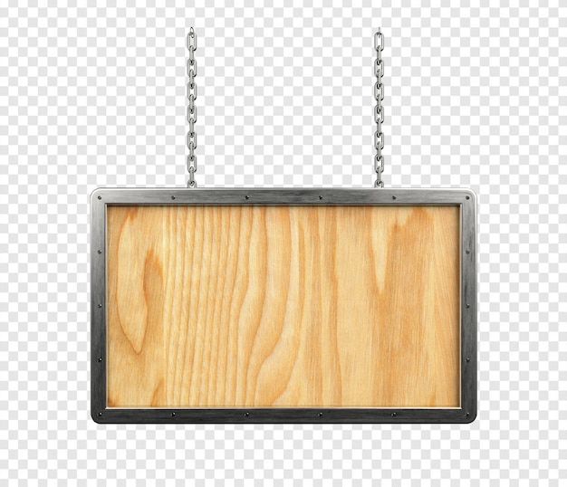 PSD letrero rectangular de madera con borde de metal y cadenas