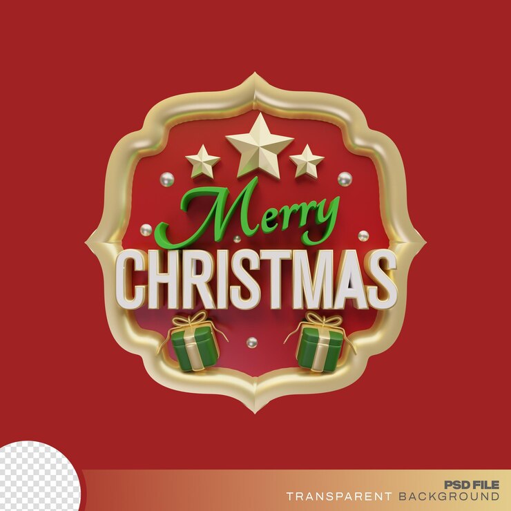 PSD un letrero rojo 3d que dice feliz navidad con estrellas y regalos verdes