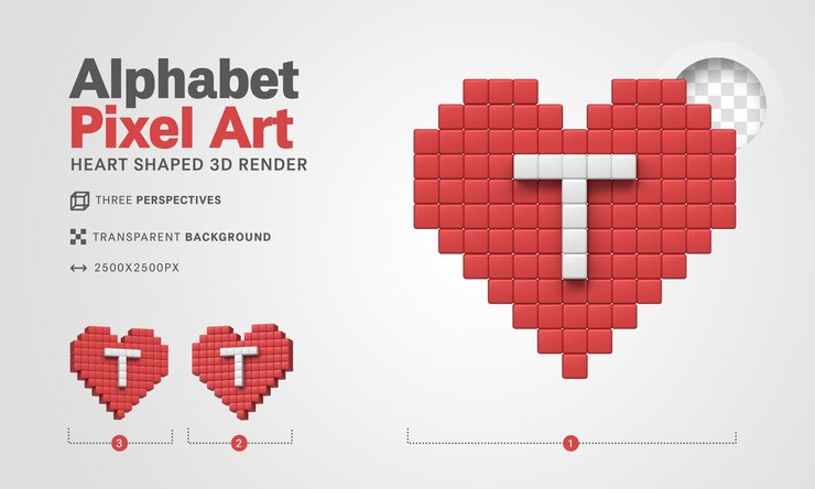 PSD letter t alphabet pixel art 3d render transparent background
