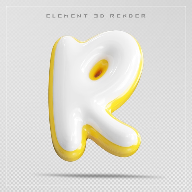 Lettera 3d r carattere bianco con cornice bolle gialle rendering 3d