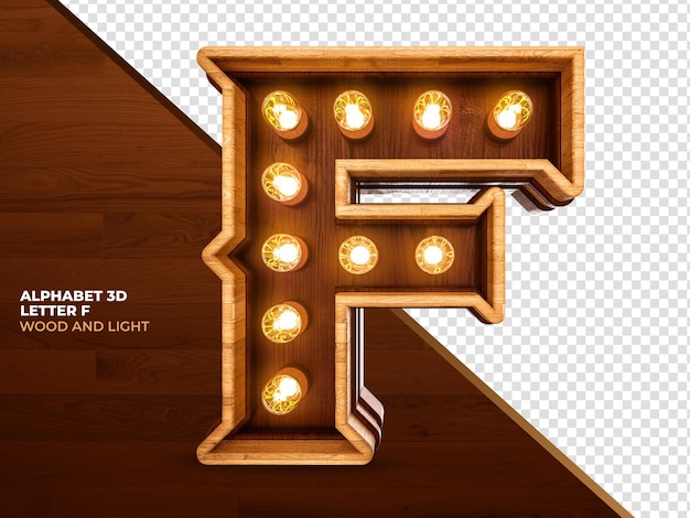 Lettera f 3d render legno con luci realistiche