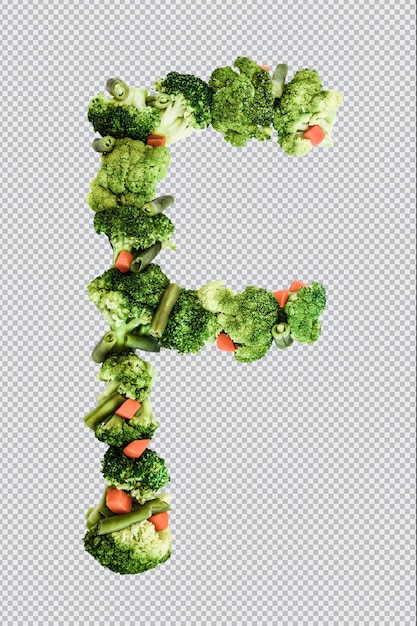 Lettera F. Stile di vita sano e alimentazione. Alfabeto inglese. Testo dai prodotti. Broccoli, asparagi, carote. Carattere di design. Carattere vegetale. PSD