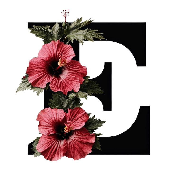 PSD lettera floreale e con fiori di ibisco