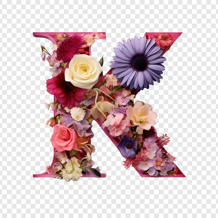 PSD lettera k con elementi floreali fiore fatto di fiore 3d isolato su sfondo trasparente